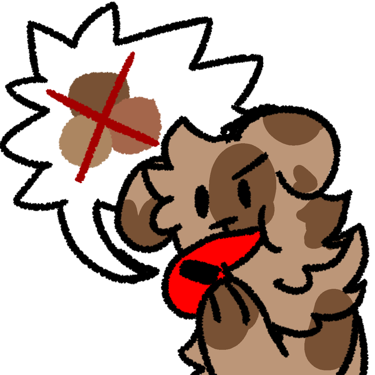 ID: a tan dog with brown spots blowing a whistle, which has a spiky speech bubble coming out of it. Inside the speech bubble is a group of brown circles with a red X over them.